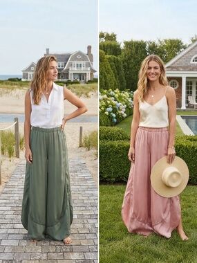 2 Victoria's Secret Satin wide leg pants dressy casual Olive Green Dusty Rose L